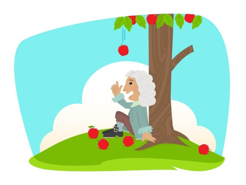艾萨克·牛顿 可爱的艾萨克·牛顿坐在苹果树下 eps10 矢量 ( 比尔哈